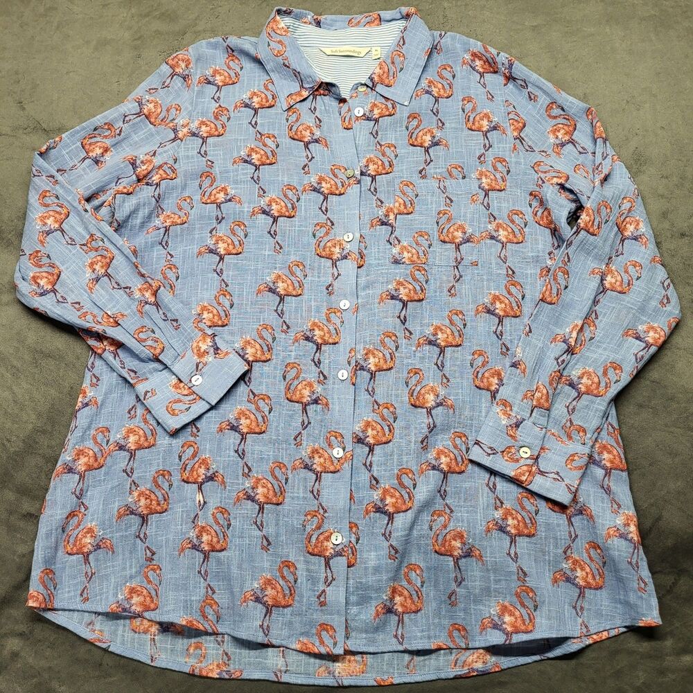 Soft Surroundings Flamingo XL Button Down Long Sleeve Blouse New 100% Cotton